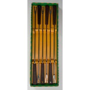 6pc Stainless Steel Fondue Fork Set With Wooden Assorted Color Dot Handles